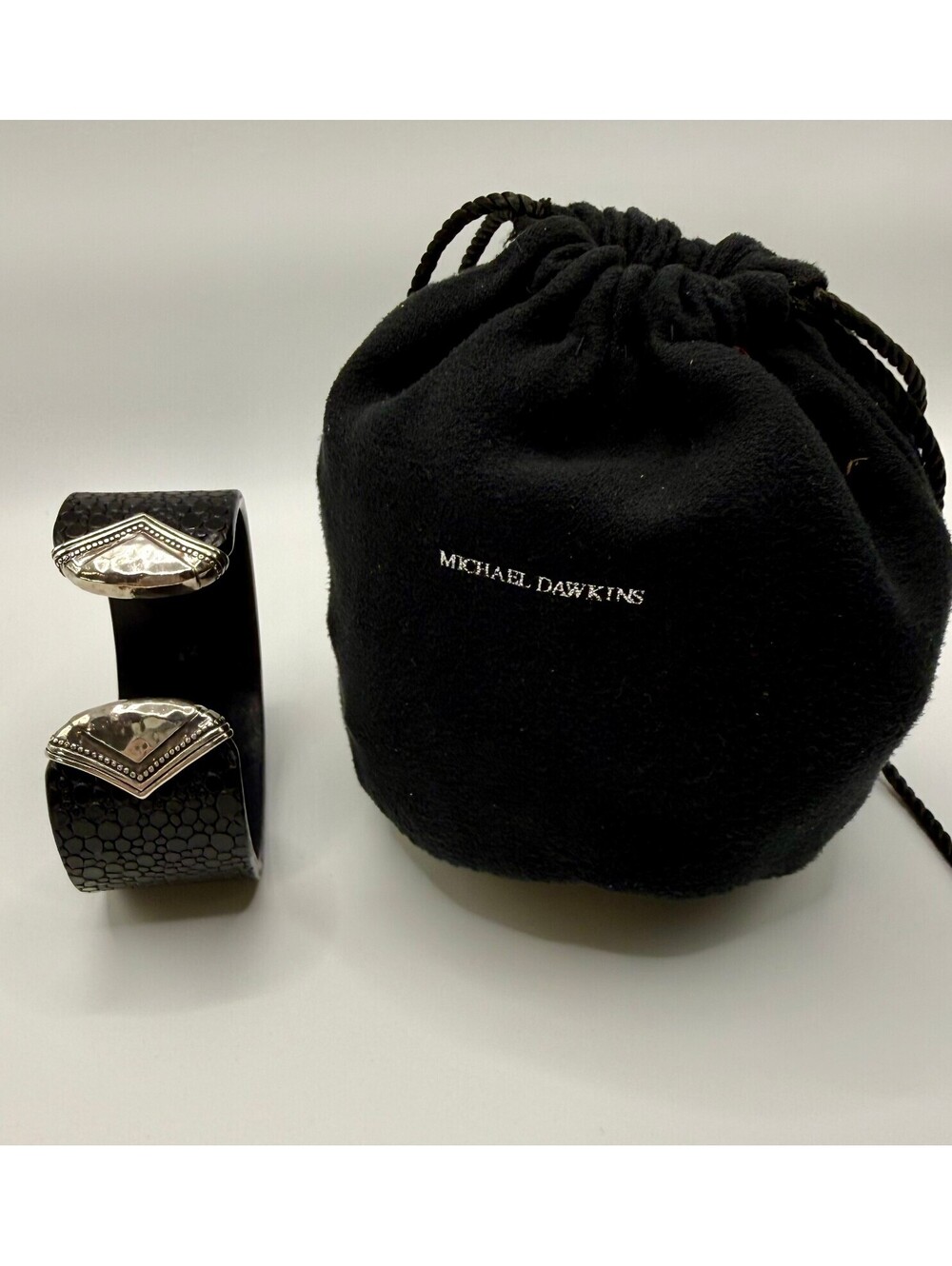 Michael Dawkins Silver Cuff with Black Leather Lining, Hammered Diamond Motif